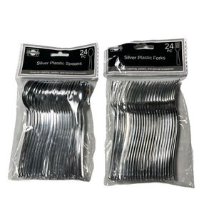 Silver Disposable Mini Plastic Forks Spoons Cutlery Appetizer Tasting 4.5" 48